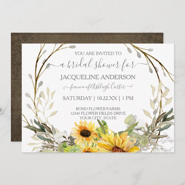 Rustikales Sonnenblumenwasser-Brautparty Einladung (Vorne/Hinten)