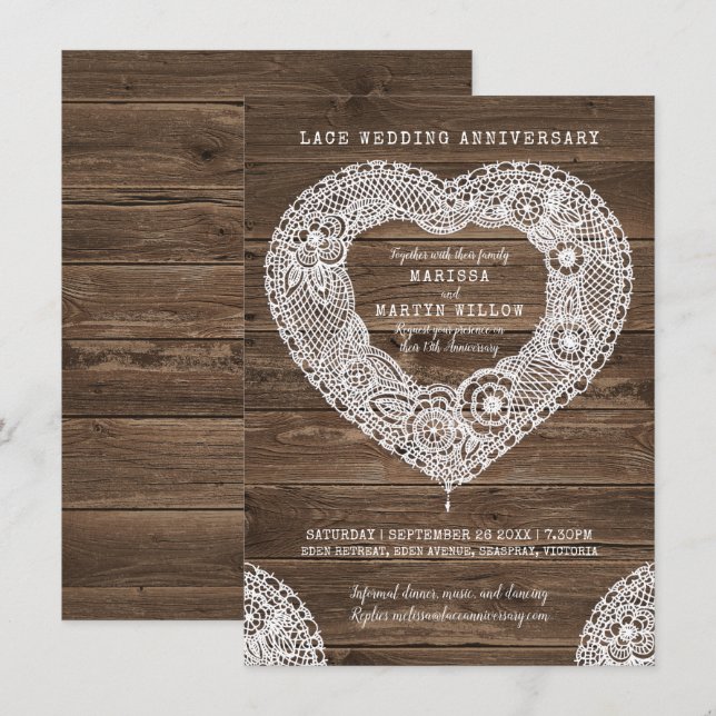 Rustikales Spitzenherz 13. Hochzeit Einladung (Vorne/Hinten)