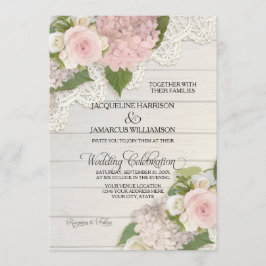 Rustikales Spitzenholz in rosa Hydrangeas Hochzeit Einladung