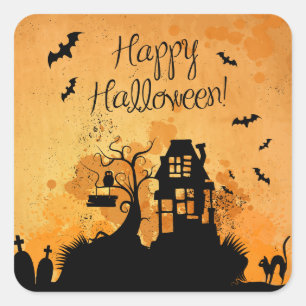 Rustikales Spuk Haus Happy Halloween Quadratischer Aufkleber