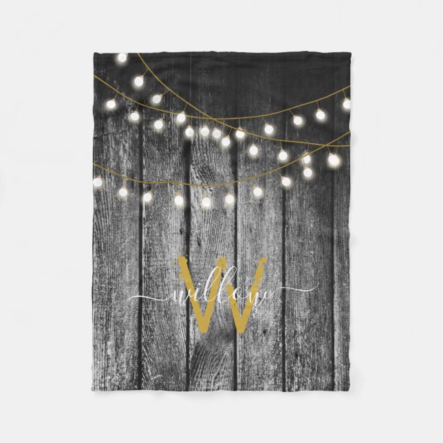 Rustikales Stall Black Wood Gold String Lights Mon Fleecedecke (Vorderseite)