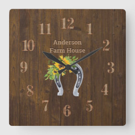 Rustikales Stallholz Bauernhof Horseshoe Sonnenblu Quadratische Wanduhr