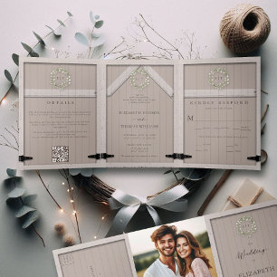 Rustikales Stallholz Eukalyptus-Wappen Elegante Ho Dreifach Gefaltete Einladung