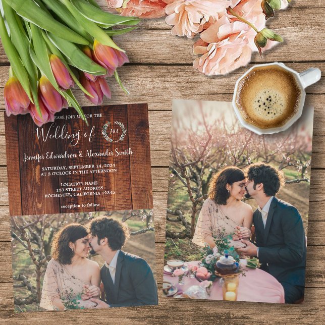 Rustikales Stallholz mit Monogramm Foto Hochzeit Einladung (Rustic barn wood monogrammed photo country wedding invitation. )
