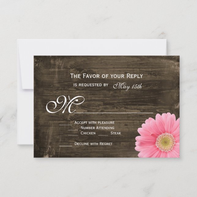 Rustikales Stallholz Rosa Daisy Wedding RSVP Cards (Vorderseite)