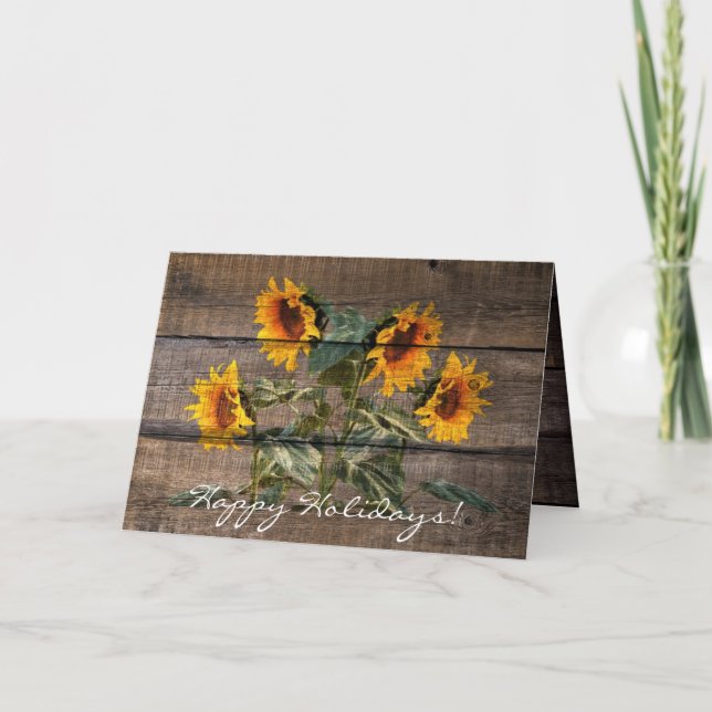 Rustikales Stallholz Sonnenblumen Feiertagskarte (Vorderseite)