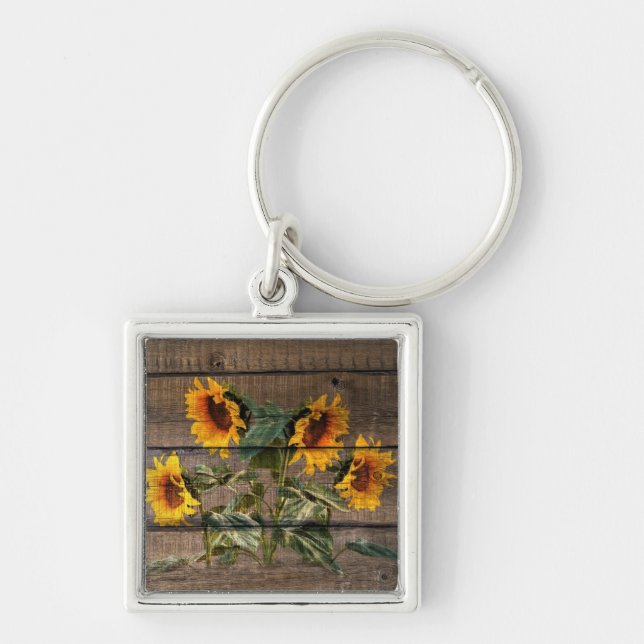 Rustikales Stallholz Sonnenblumen Schlüsselanhänger (Vorne)