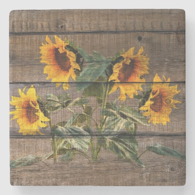 Rustikales Stallholz Sonnenblumen Steinuntersetzer (Vorderseite)