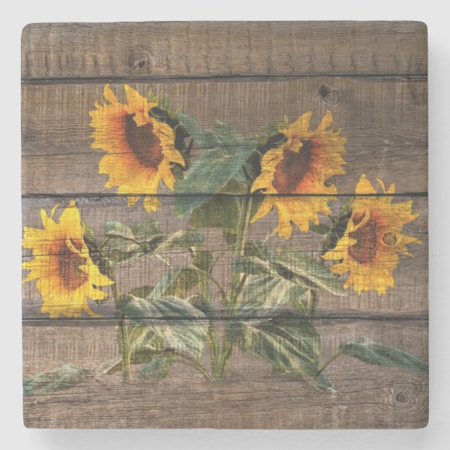 Rustikales Stallholz Sonnenblumen Steinuntersetzer (Vorderseite)