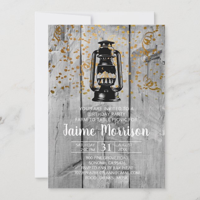 Rustikales Stallholz und Laternenpicknickparty Einladung (Vorderseite)