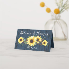 Rustikales Stallholz und Sonnenblumen Blau Platzkarte
