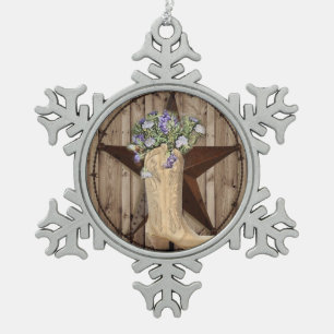 rustikales Stallholz Wildblume Cowboy Western Star Schneeflocken Zinn-Ornament