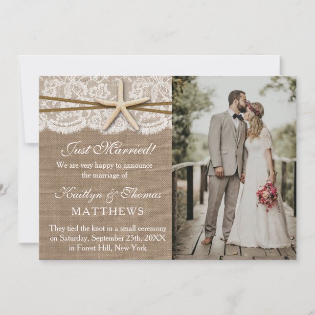 Rustikales Starfish Beach Hochzeit Foto Ehe Ankündigung (Vorderseite)