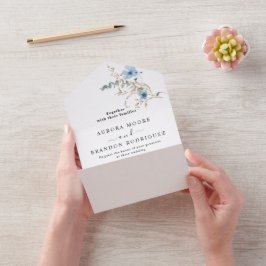 rustikales staubblaues Wasserfarben-Blumenbouquet All In One Einladung