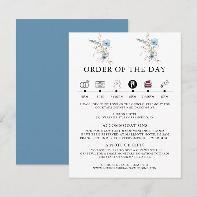 rustikales staubblaues Wasserfarben-Blumenbouquet Begleitkarte (Vorne/Hinten)