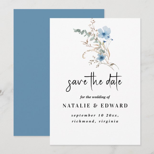 rustikales staubblaues Wasserfarben-Blumenbouquet Save The Date (Vorne/Hinten)