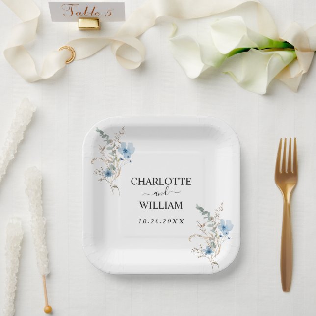 rustikales staubiges Blaut Wasserfarben-Blumenstra Pappteller (Hochzeit)