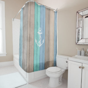 Rustikales Strandholz Nautical Stripes & Anchor Duschvorhang