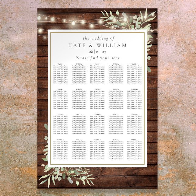 Rustikales Streichelgran Hochzeitsdiagramm Poster (Rustic String Light Greenery Wedding Seating Chart)