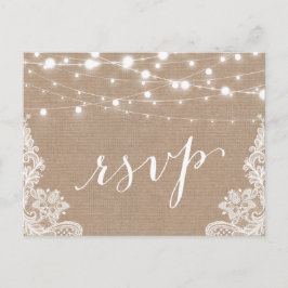 Rustikales String Lights Burlap Lace Wedding RSVP Einladungspostkarte