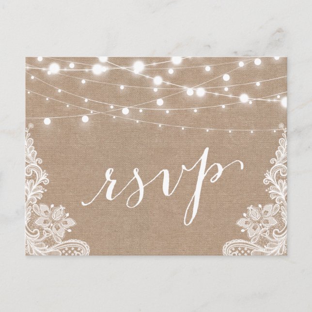 Rustikales String Lights Burlap Lace Wedding RSVP Einladungspostkarte (Vorderseite)