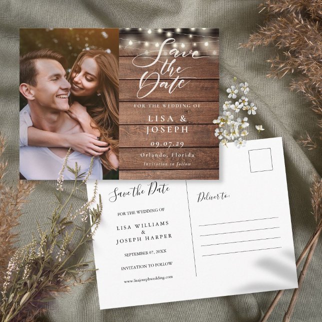 Rustikales String Lights-Foto Hochzeit Speichern S Postkarte (Von Creator hochgeladen)