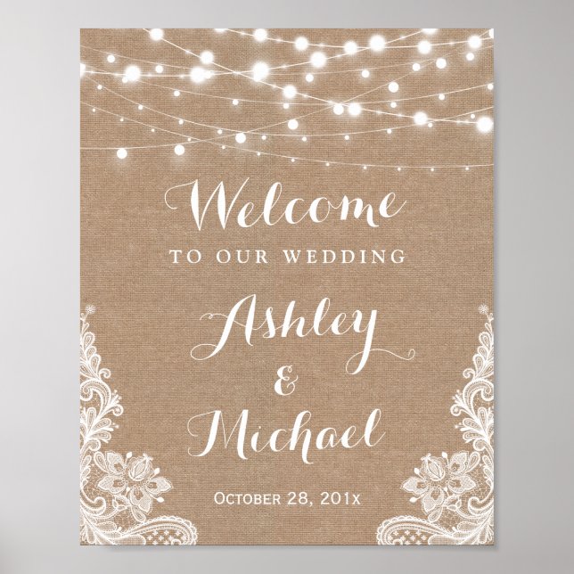 Rustikales String Lights Lace Burlap Wedding Sign Poster (Vorne)