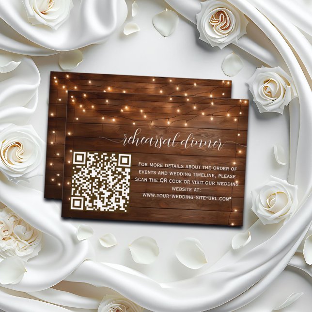 Rustikales String Lights QR Code Probe Dinner Begleitkarte (Von Creator hochgeladen)