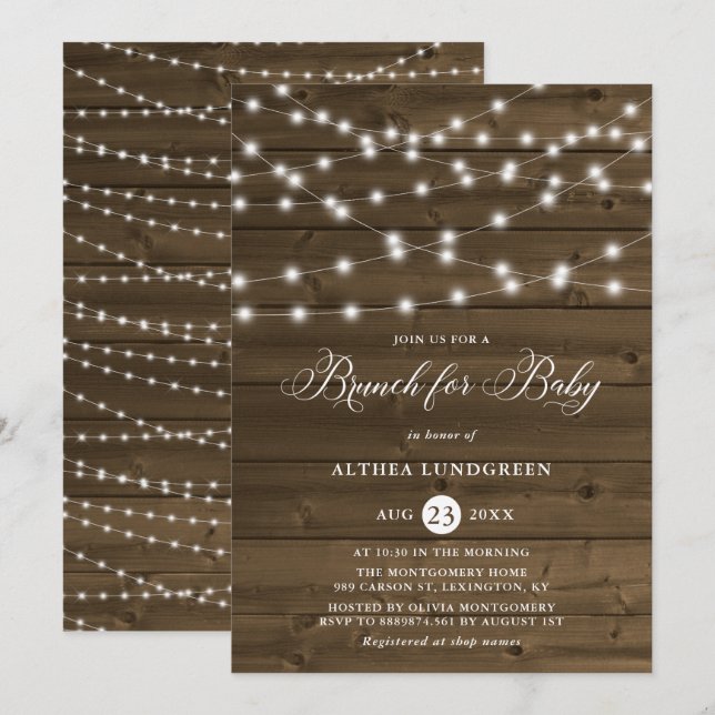 Rustikales String Lights Wood Baby Dusche Brunch Einladung (Vorne/Hinten)