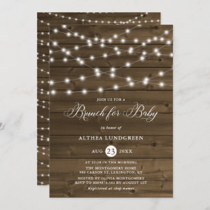 Rustikales String Lights Wood Baby Dusche Brunch Einladung