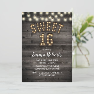 Rustikales Sweet 16 String Lights Barn Wood Geburt Einladung