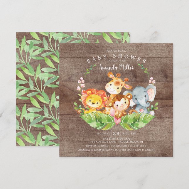 Rustikales Sweet Jungle Safari Animals Baby Dusche Einladung (Vorne/Hinten)