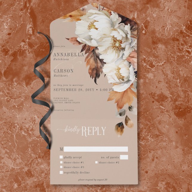 Rustikales Tan & Cream Fall Floral & Blätter Abend All In One Einladung (Rustic Tan & Cream Fall Floral & Leaves Dinner All In One Invitation)