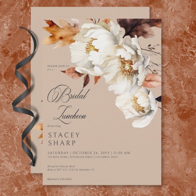 Rustikales Tan & Cream Fall Floral & Blätter Lunch Einladung (Rustic Tan & Cream Fall Floral & Leaves Luncheon Invitation)