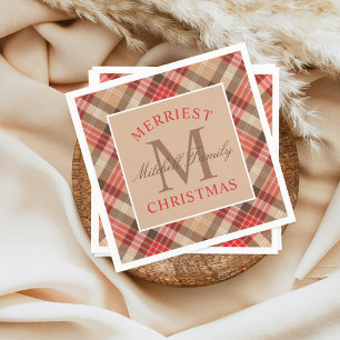 Rustikales Tan-Rot-Tartan-Karo Frohe Weihnachten Serviette
