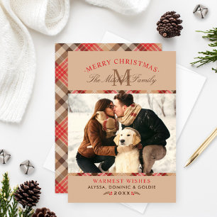 Rustikales Tan Tartan Kariertes Weihnachtsmonogram Feiertagskarte