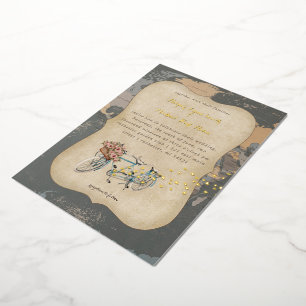 Rustikales Tandemfahrrad Weltkarte Hochzeit Folieneinladung