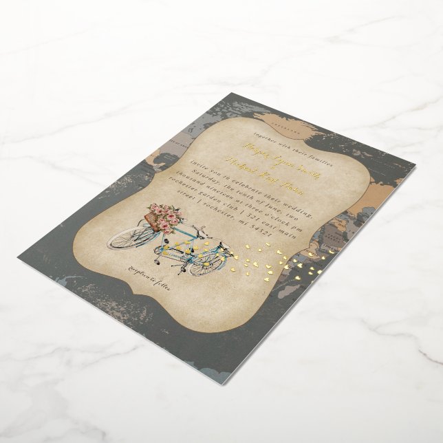 Rustikales Tandemfahrrad Weltkarte Hochzeit Folieneinladung (Gedreht)