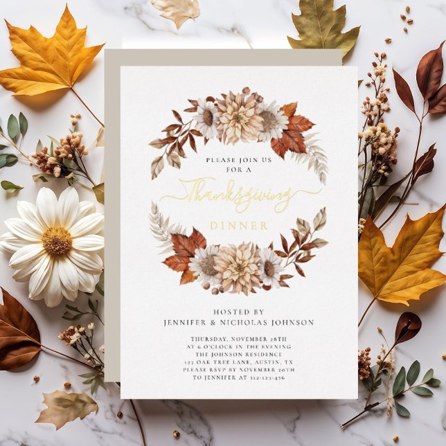 Rustikales Taupe Fall Blumendörfchen Erntedank Din Folieneinladung (Rustic Taupe Fall Floral Thanksgiving Dinner Gold Foil Invitation)