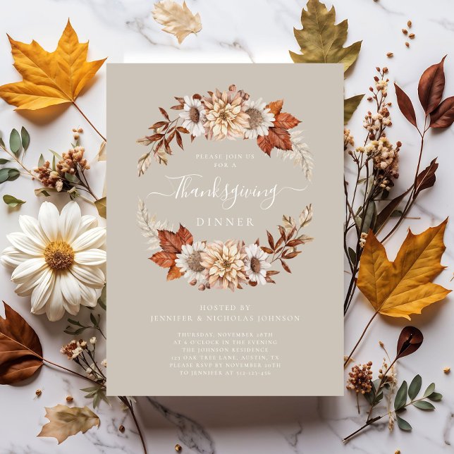 Rustikales Taupe Fall Blumendörfchen Erntedank Einladung (Rustic Taupe Fall Floral Thanksgiving Dinner Invitation)