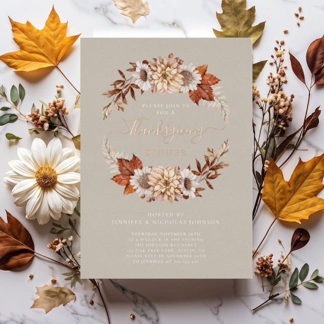 Rustikales Taupe Fall Blumendörfchen Erntedank Folieneinladung (Rustic Taupe Fall Floral Thanksgiving Dinner Foil Invitation)