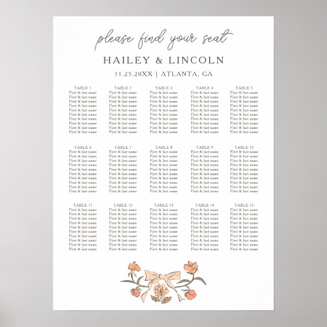Rustikales Terracotta Bow Floral Wedding Chart Poster (Vorne)
