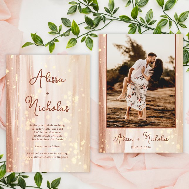 Rustikales Terracotta Gold Aquarell Foto Hochzeit Einladung (Von Creator hochgeladen)