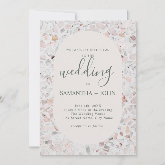 Rustikales Terrazzo von White Modern Script Weddin Einladung (Vorderseite)