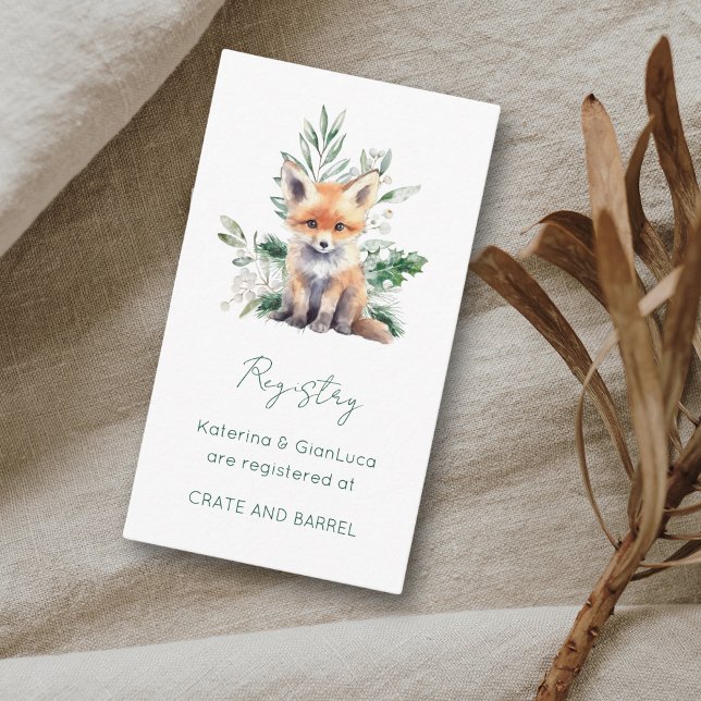 Rustikales Tierschutzregister Begleitkarte (This baby shower Registry card features a cute little fox and winter greenery)