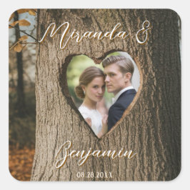 Rustikales Tree Bark Heart Foto Wedding Quadratischer Aufkleber