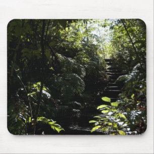 Rustikales Treppenhaus/Fußweg im Wald, Sonnenlicht Mousepad