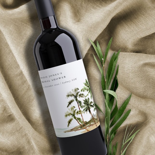 Rustikales Tropical Palm Tree Beach Sand Brautpart Weinetikett (Von Creator hochgeladen)