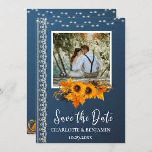 Rustikales, trostloses Blau, Sonnenblumen und Hoch Save The Date