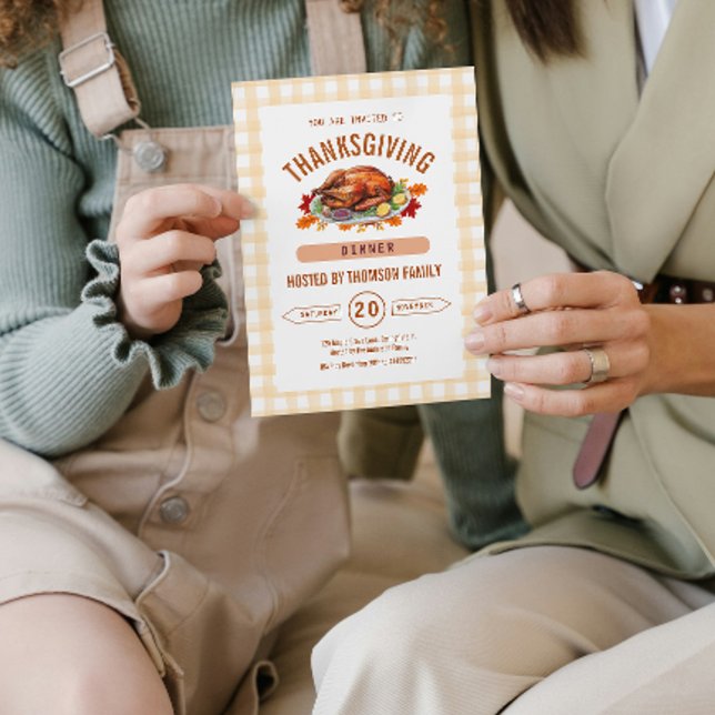Rustikales Truthahn-Erntedankfest-Essen Gingham He Einladung (Pumpkin Rustic Thanksgiving Dinner Fall Watercolor Invitation)